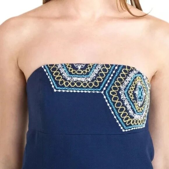 Lilly Pulitzer Bowen Navy Blue Comb Get It Embroidered Strapless Dress Size 6 - Picture 4 of 5